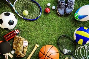 Variety of sports equipment on the grass.